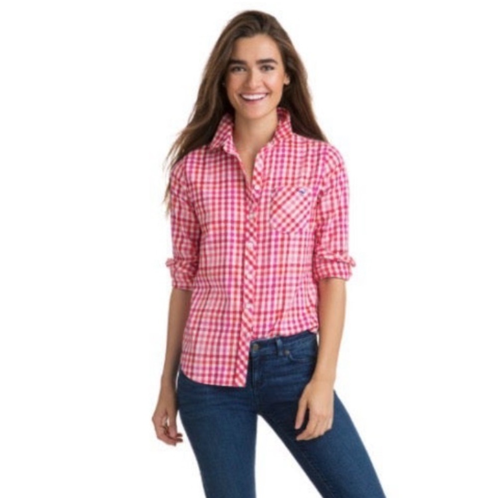 Vineyard Vines Women's Cotton Cashmere Candy Cane Gingham Button Down Size 00 NW